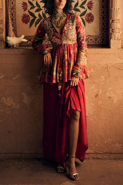 Red floral printed peplum and skirt