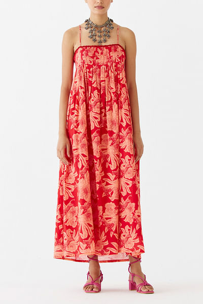 Red floral printed pintuck dress
