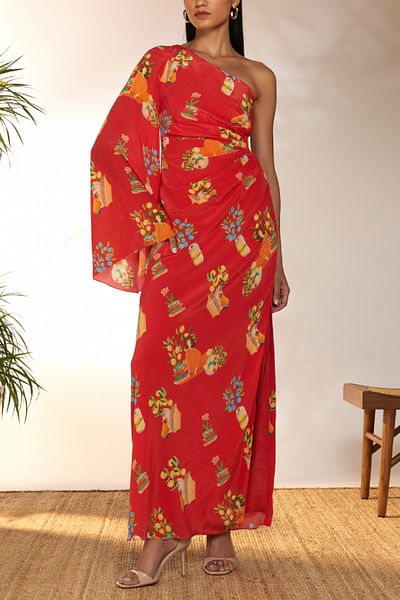 Red floral printed ruched kaftan dress