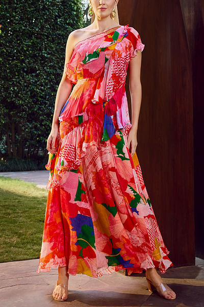 Red floral printed ruffled maxi dress