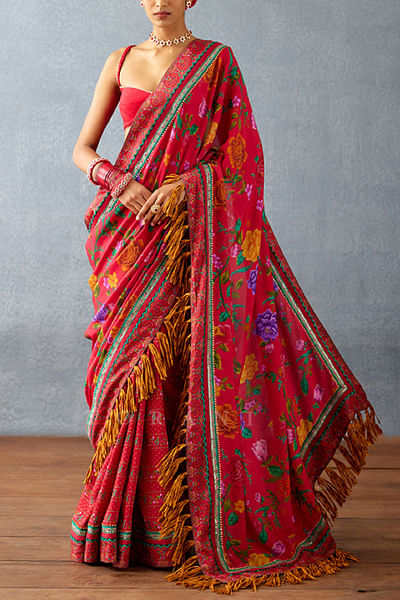 Red floral printed tasselled sari