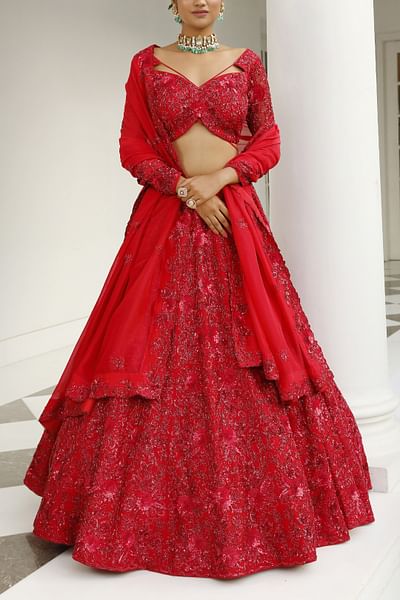 Red floral sequin embroidered lehenga set
