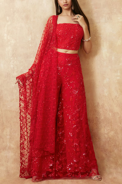 Red floral sequin embroidered palazzo set