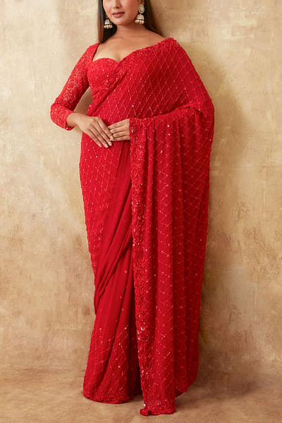 Red floral sequin embroidered sari set