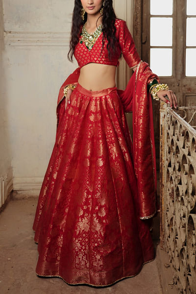 Red floral woven lehenga set