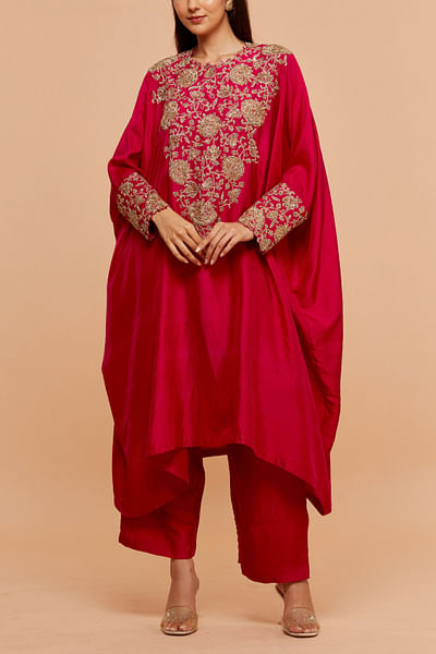 Red floral zardozi embroidered kurta set