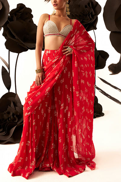 Red floret embroidered sari set
