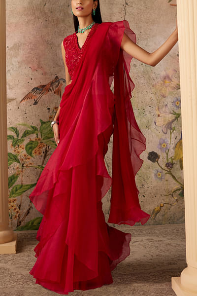 Red frilled sari set