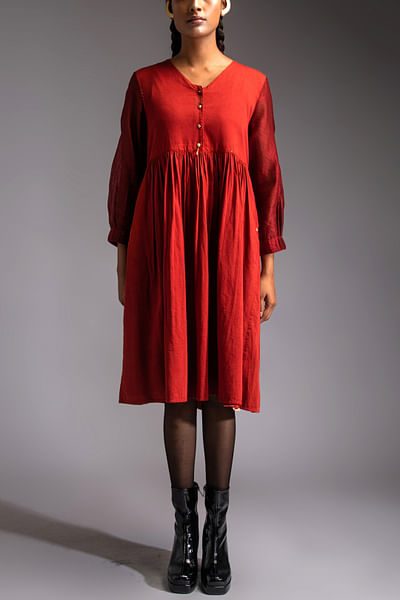 Red gathered midi dress
