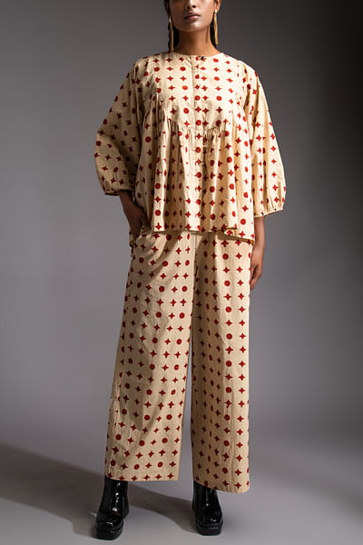 Red geometric block printed co-ords