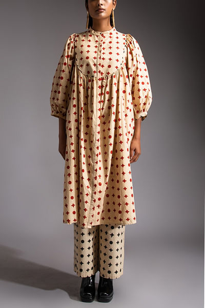 Red geometric block printed dress set