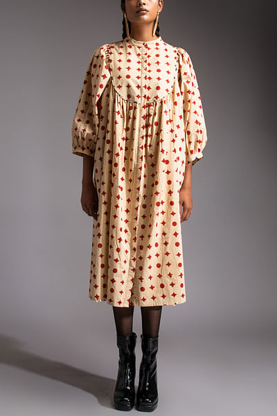 Red geometric block printed midi dress