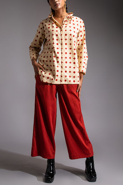 Red geometric block printed shirt and pants