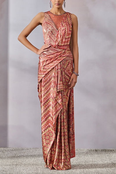 Red geometric print concept sari set
