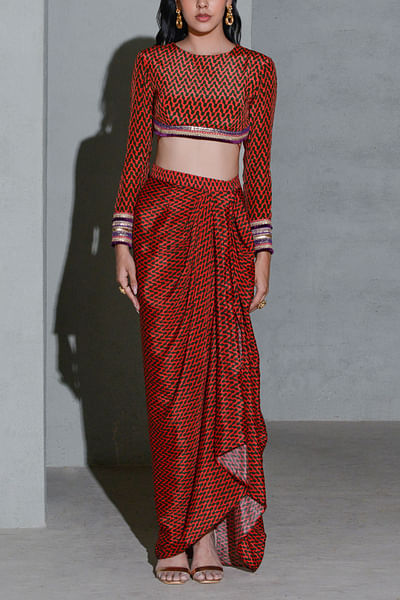 Red geometric print draped skirt set