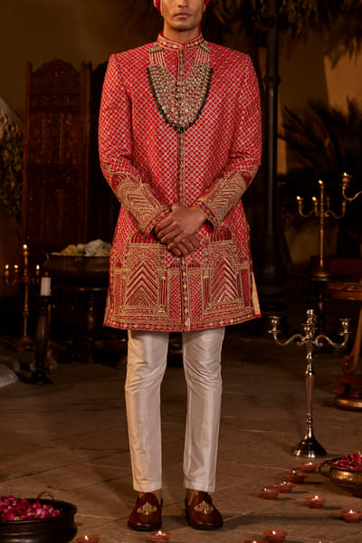 Red gota and sequin embroidery sherwani set
