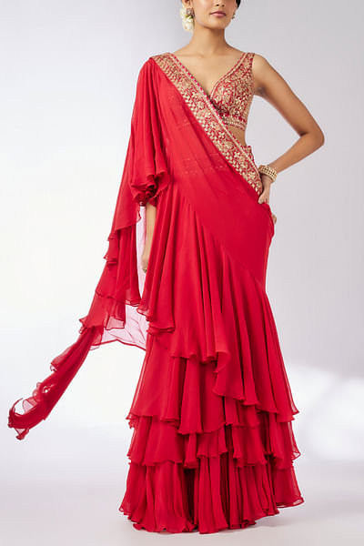 Red gota work frilled pre-draped sari set