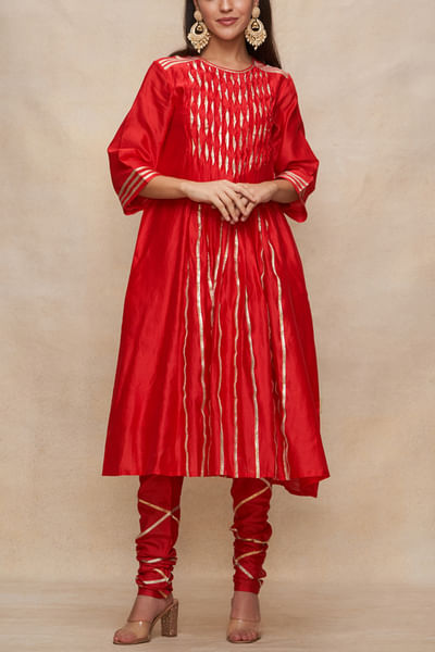 Red gota work pleated flared kurta