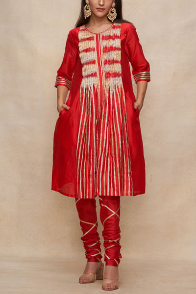 Red gota work pleated gathered kurta