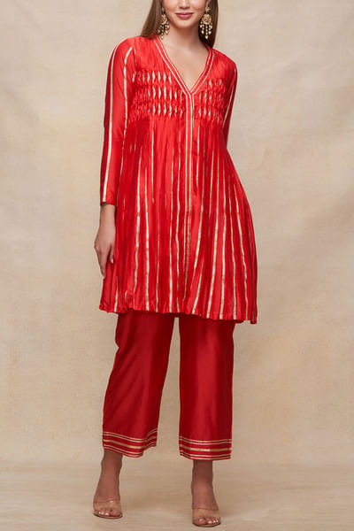 Red gota work pleated short kurta