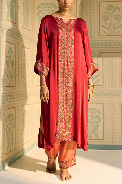 Red hand embroidered kurta set