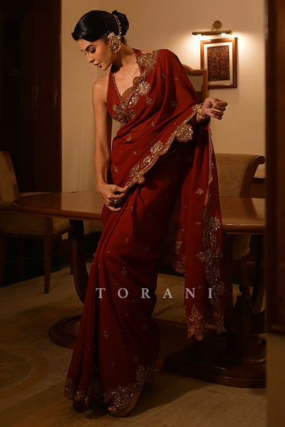 Red hand embroidered sari set
