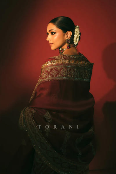 Red hand embroidered sari set