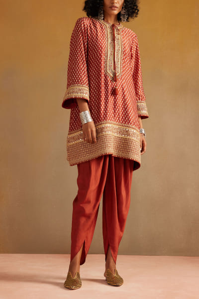 Red handblock printed kurta set