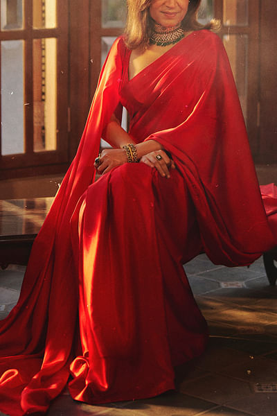 Red handwoven satin silk sari set
