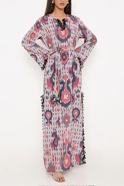 Red ikat printed tasselled maxi dress
