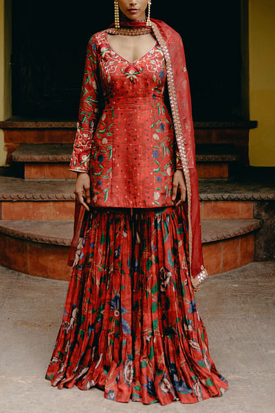 Red kalamkari printed kurta and sharara set