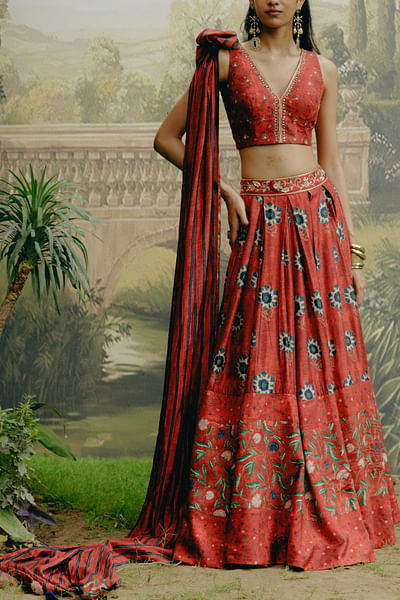 Red kalamkari printed lehenga set