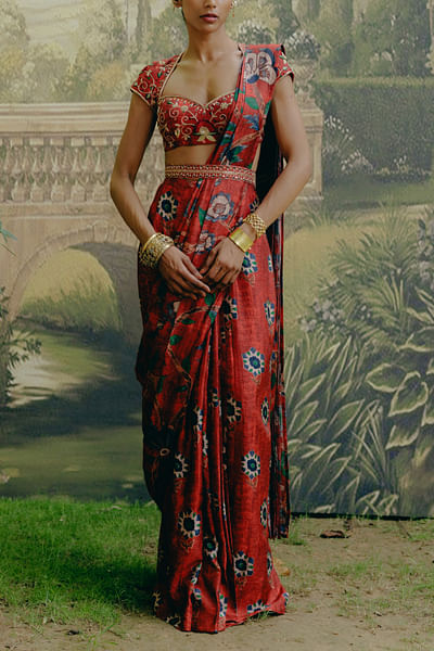 Red kalamkari printed pre-draped sari set