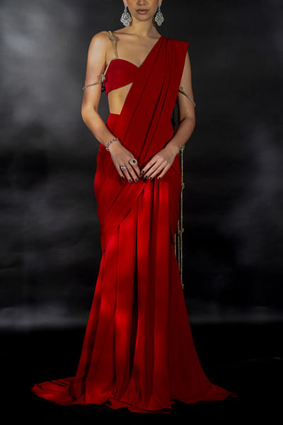 Red knotted crystal stringed draped sari set