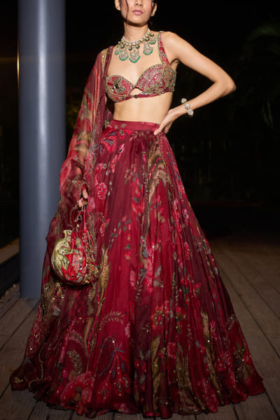 Red leaf and floral printed lehenga set