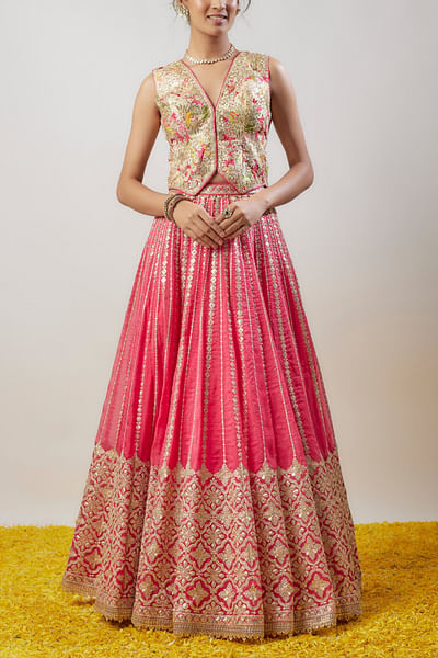 Red linear embroidered lehenga set
