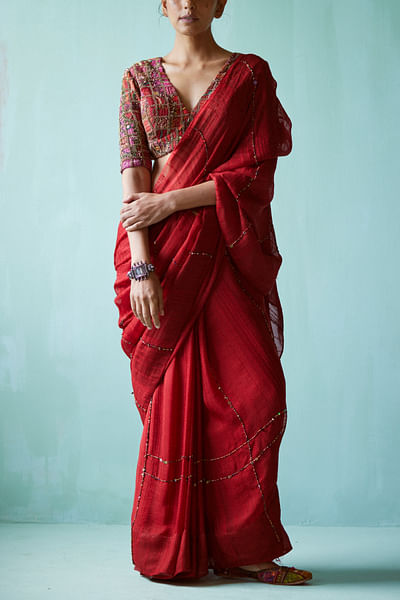 Red linear embroidered sari set