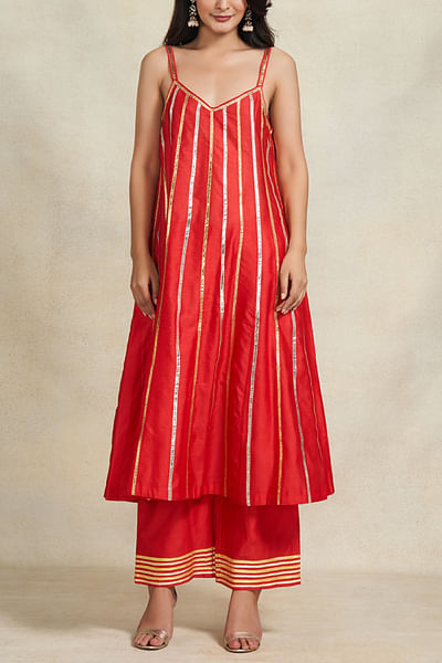 Red linear gota embroidery slip dress