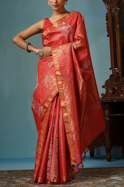 Red lotus handwoven sari set