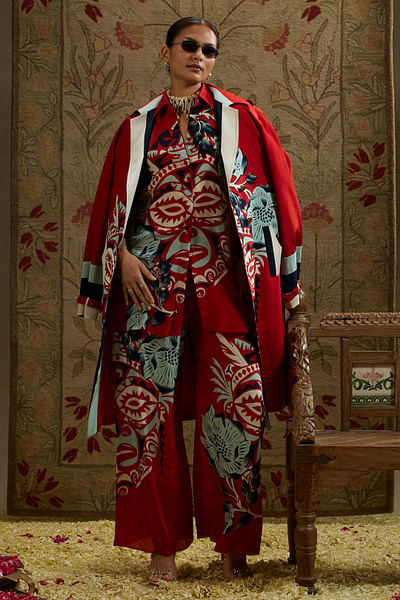 Red mask printed trench coat