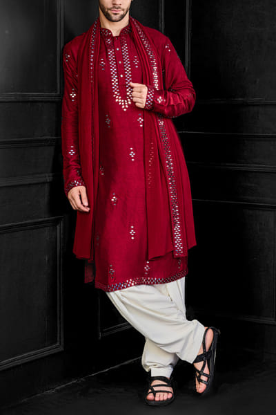 Red mirror embroidered kurta set