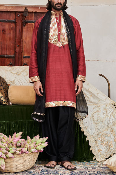 Red mirror embroidered kurta set