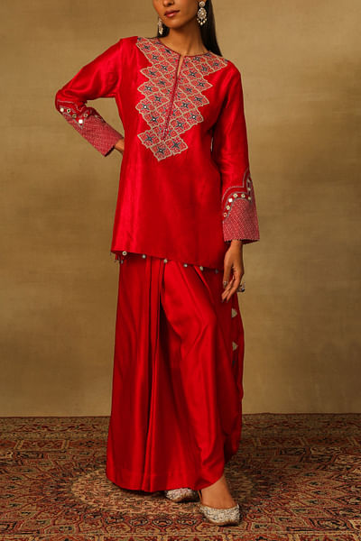 Red mirror embroidery kurta and skirt set