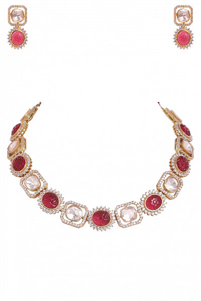 Red moissanite polki necklace set
