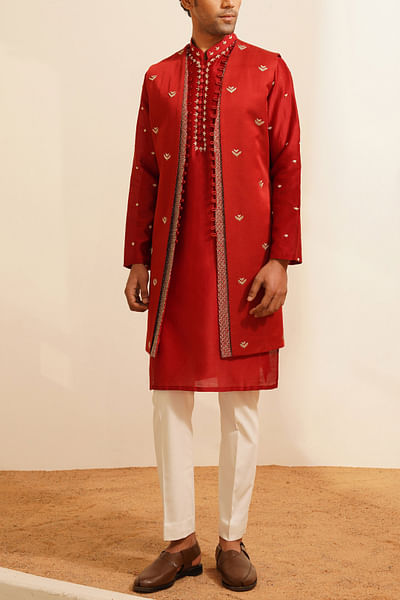Red motif embroidered shrug kurta set