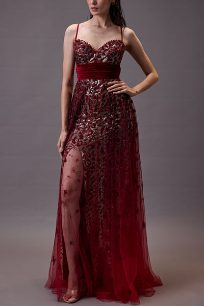 Red ombre embroidered sequinned gown