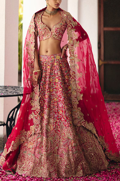 Red paisley and floral embroidery lehenga set