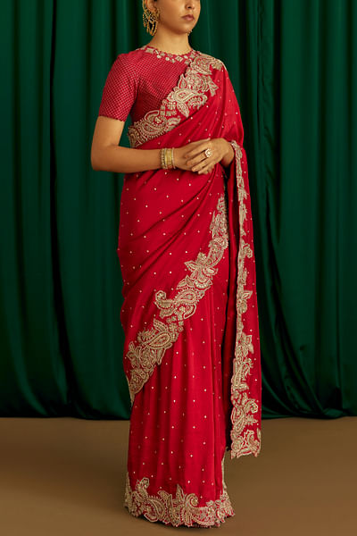 Red paisley and floral embroidery sari set