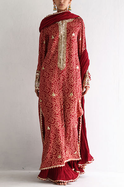 Red paisley and floral printed kurta set