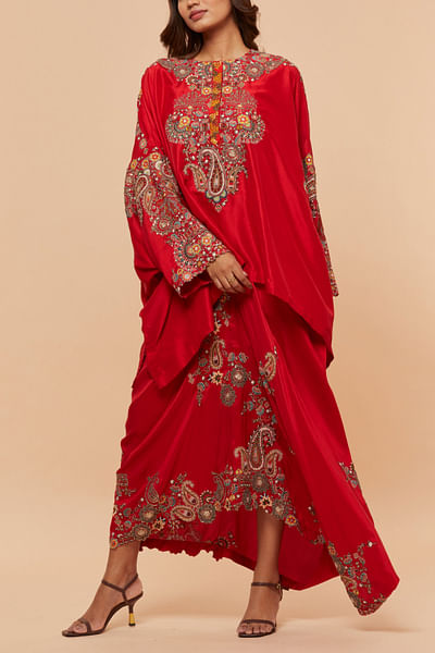 Red paisley embroidered cape and draped skirt